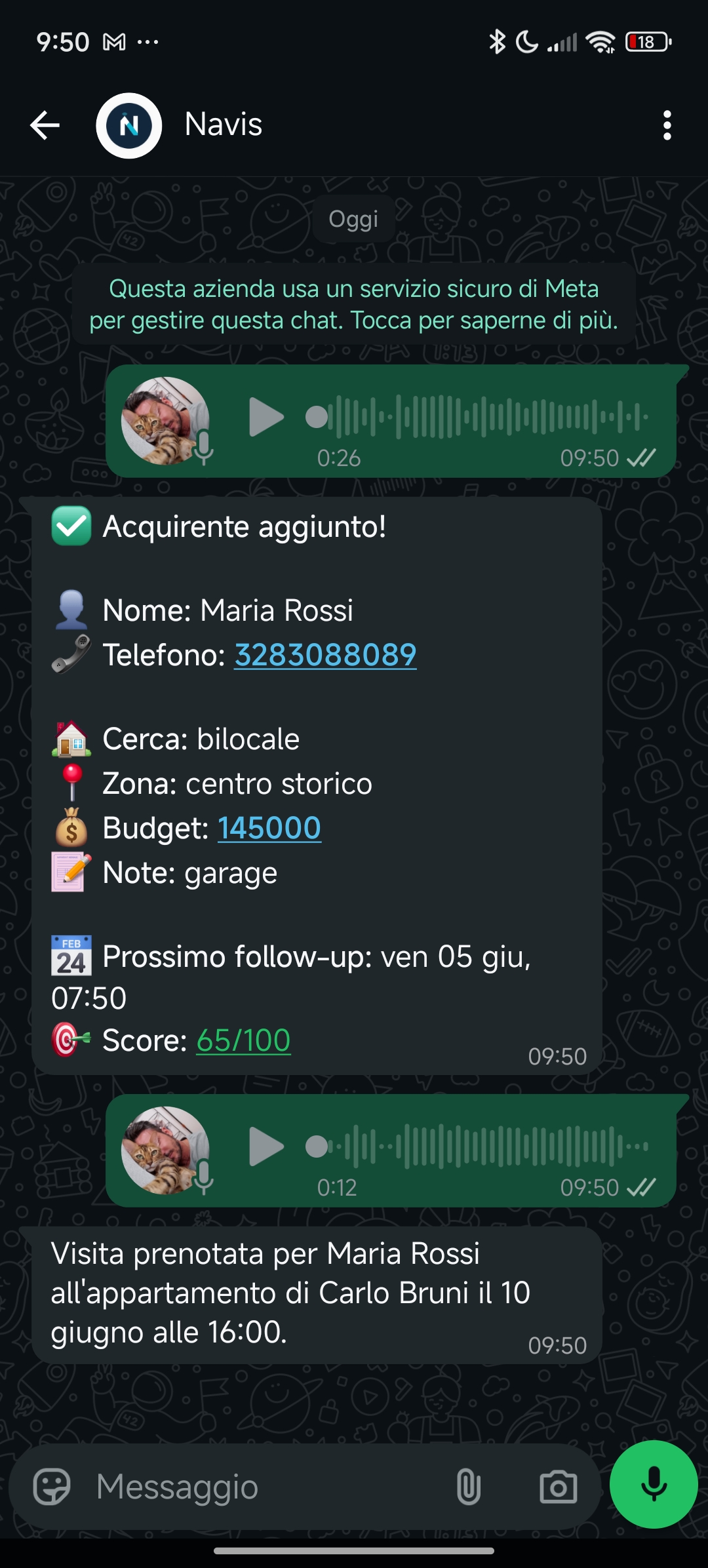 Conversazione WhatsApp con Navis